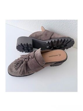 Johnston & Murphy Alice Fringe Mules Dark Taupe Suede Tassel Studded Lug Sole 9M